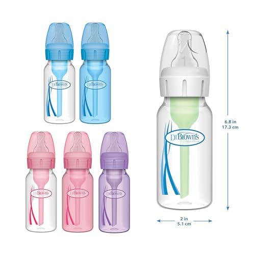Dr. Brown's Natural Flow Anti-Colic Options+ Narrow Baby Bottle, 4 oz/120 mL, with Level 1 Slow Flow Nipple, 0m+, 4 Pack