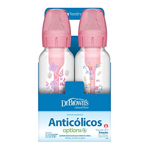 Dr. Brown's Natural Flow Anti-Colic Options+ Narrow Baby Bottle, 4 oz/120 mL, with Level 1 Slow Flow Nipple, 0m+, 4 Pack