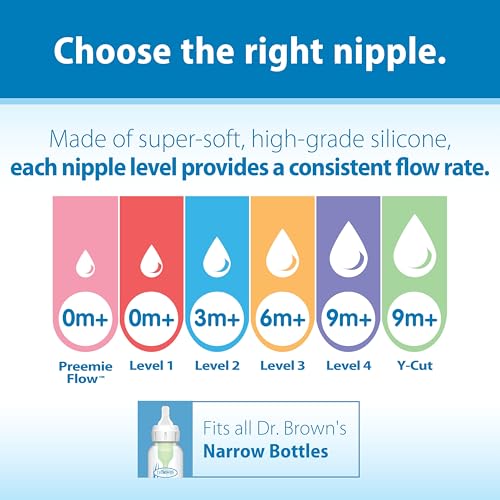 Dr. Brown's Natural Flow Anti-Colic Options+ Narrow Baby Bottle, 4 oz/120 mL, with Level 1 Slow Flow Nipple, 0m+, 4 Pack