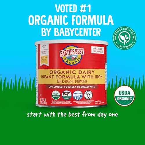 Earth's Best Organic Baby Formula for Babies 0-12 Months, Powdered Dairy Infant Formula with Iron, Omega-3 DHA, and Omega-6 ARA, 21 oz Formula Container