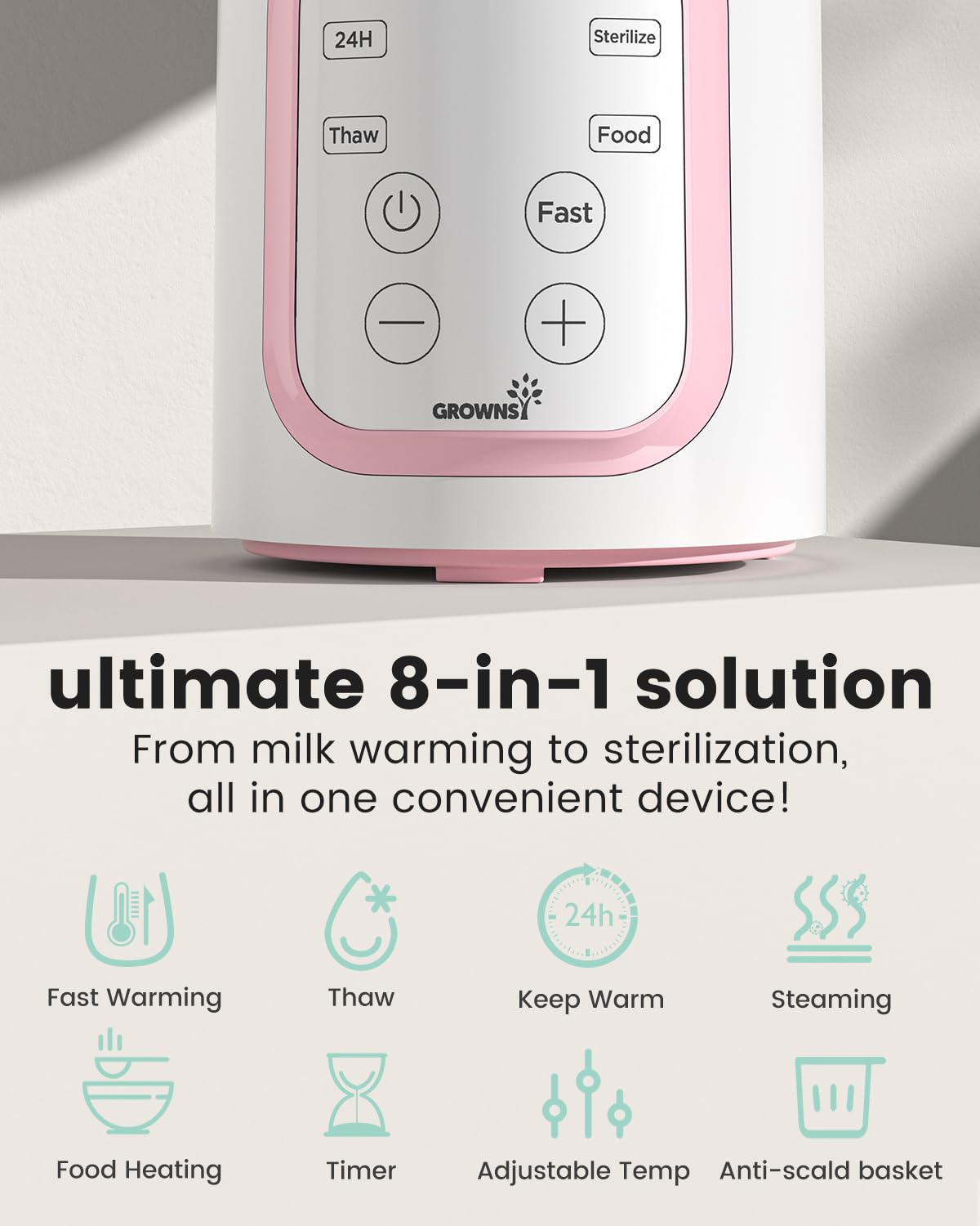 Bottle Warmer, Grownsy 8-in-1 Fast Baby Bottle Warmer with Timer, Safe for Breastmilk Nutrients, Accurate Temperature Control, with Defrost, Sterili-zing, Keep Warm, Heats Baby Food & Bottles