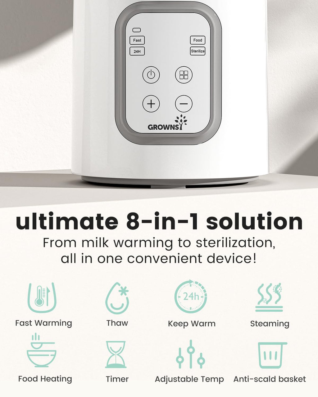Bottle Warmer, Grownsy 8-in-1 Fast Baby Bottle Warmer with Timer, Safe for Breastmilk Nutrients, Accurate Temperature Control, with Defrost, Sterili-zing, Keep Warm, Heats Baby Food & Bottles