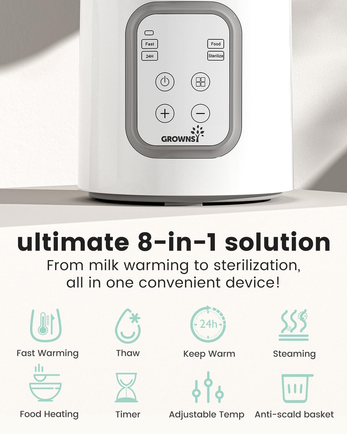 Bottle Warmer, Grownsy 8-in-1 Fast Baby Bottle Warmer with Timer, Safe for Breastmilk Nutrients, Accurate Temperature Control, with Defrost, Sterili-zing, Keep Warm, Heats Baby Food & Bottles