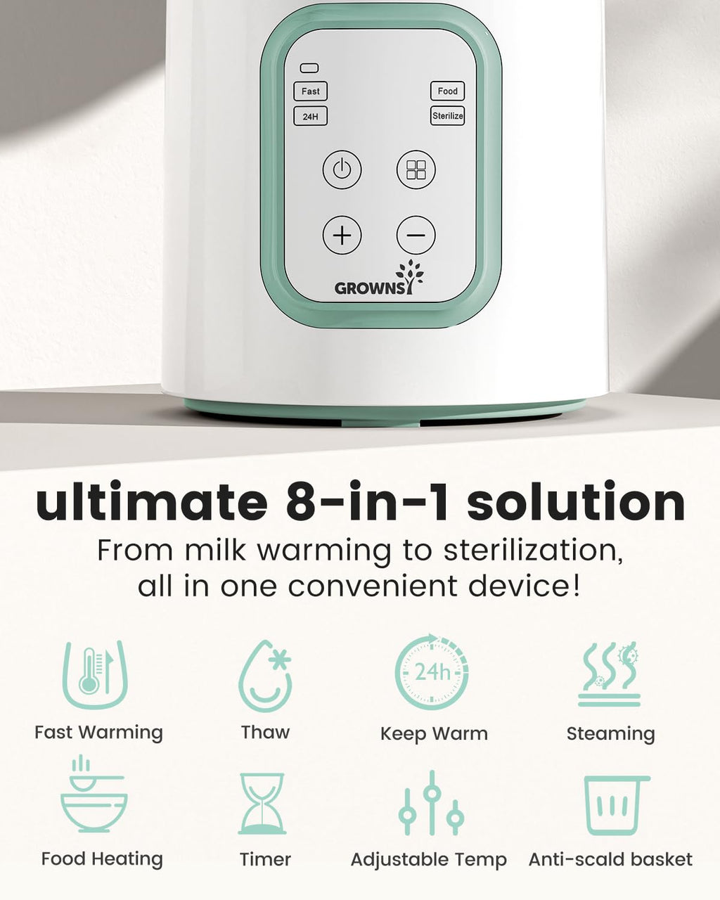 Bottle Warmer, Grownsy 8-in-1 Fast Baby Bottle Warmer with Timer, Safe for Breastmilk Nutrients, Accurate Temperature Control, with Defrost, Sterili-zing, Keep Warm, Heats Baby Food & Bottles