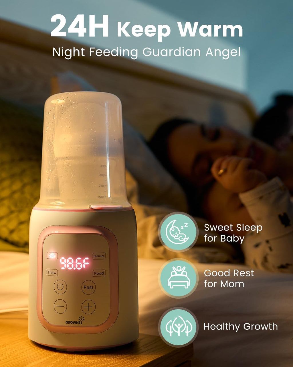 Bottle Warmer, Grownsy 8-in-1 Fast Baby Bottle Warmer with Timer, Safe for Breastmilk Nutrients, Accurate Temperature Control, with Defrost, Sterili-zing, Keep Warm, Heats Baby Food & Bottles