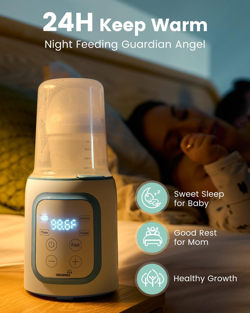 Bottle Warmer, Grownsy 8-in-1 Fast Baby Bottle Warmer with Timer, Safe for Breastmilk Nutrients, Accurate Temperature Control, with Defrost, Sterili-zing, Keep Warm, Heats Baby Food & Bottles