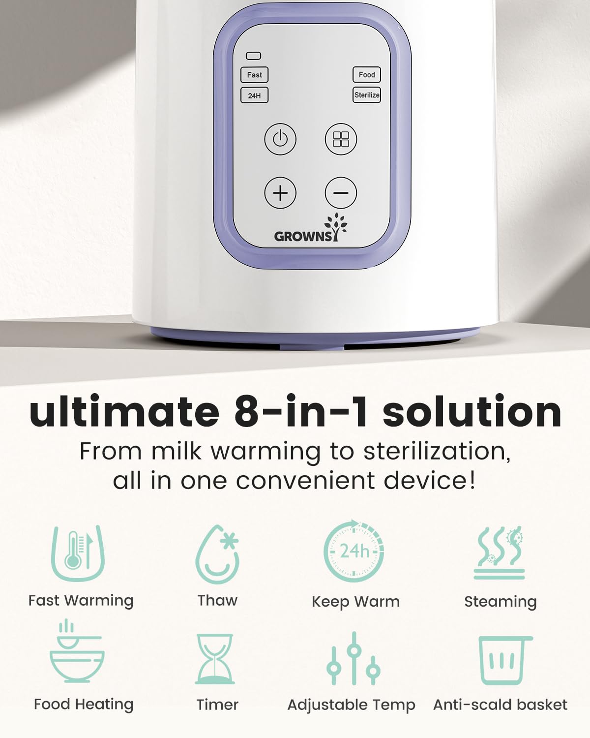 Bottle Warmer, Grownsy 8-in-1 Fast Baby Bottle Warmer with Timer, Safe for Breastmilk Nutrients, Accurate Temperature Control, with Defrost, Sterili-zing, Keep Warm, Heats Baby Food & Bottles