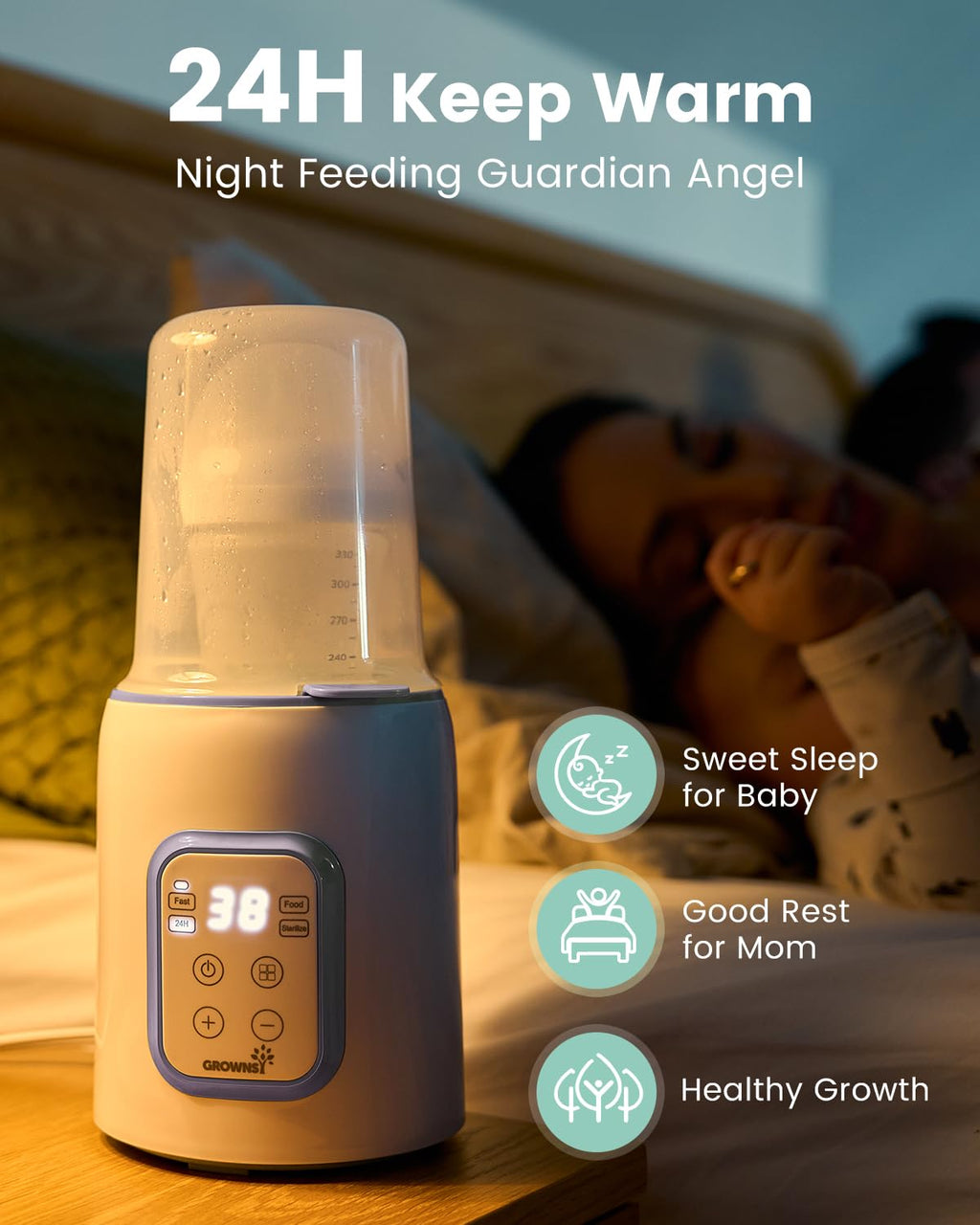 Bottle Warmer, Grownsy 8-in-1 Fast Baby Bottle Warmer with Timer, Safe for Breastmilk Nutrients, Accurate Temperature Control, with Defrost, Sterili-zing, Keep Warm, Heats Baby Food & Bottles