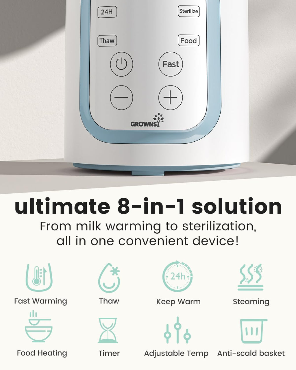 Bottle Warmer, Grownsy 8-in-1 Fast Baby Bottle Warmer with Timer, Safe for Breastmilk Nutrients, Accurate Temperature Control, with Defrost, Sterili-zing, Keep Warm, Heats Baby Food & Bottles