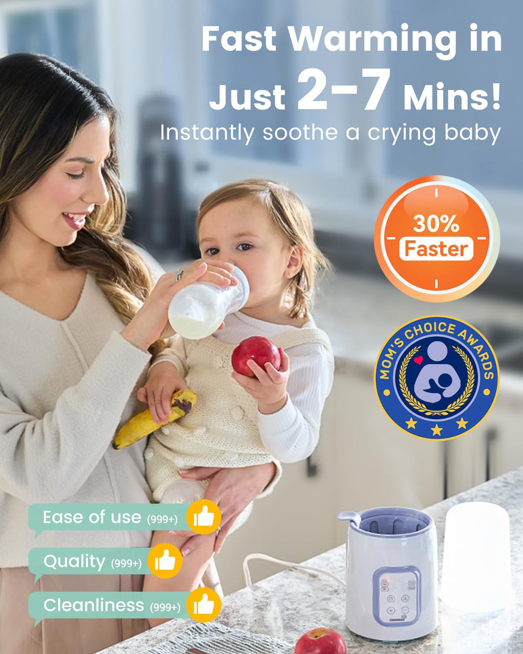 Bottle Warmer, Grownsy 8-in-1 Fast Baby Bottle Warmer with Timer, Safe for Breastmilk Nutrients, Accurate Temperature Control, with Defrost, Sterili-zing, Keep Warm, Heats Baby Food & Bottles