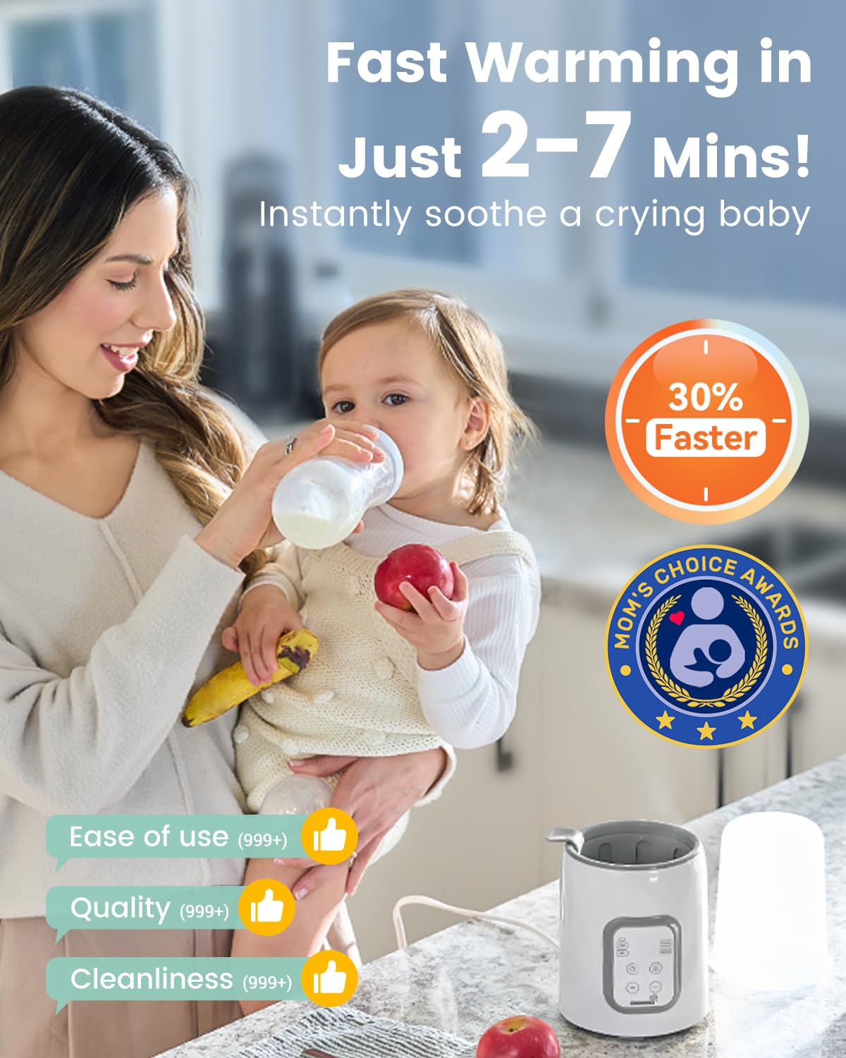 Bottle Warmer, Grownsy 8-in-1 Fast Baby Bottle Warmer with Timer, Safe for Breastmilk Nutrients, Accurate Temperature Control, with Defrost, Sterili-zing, Keep Warm, Heats Baby Food & Bottles