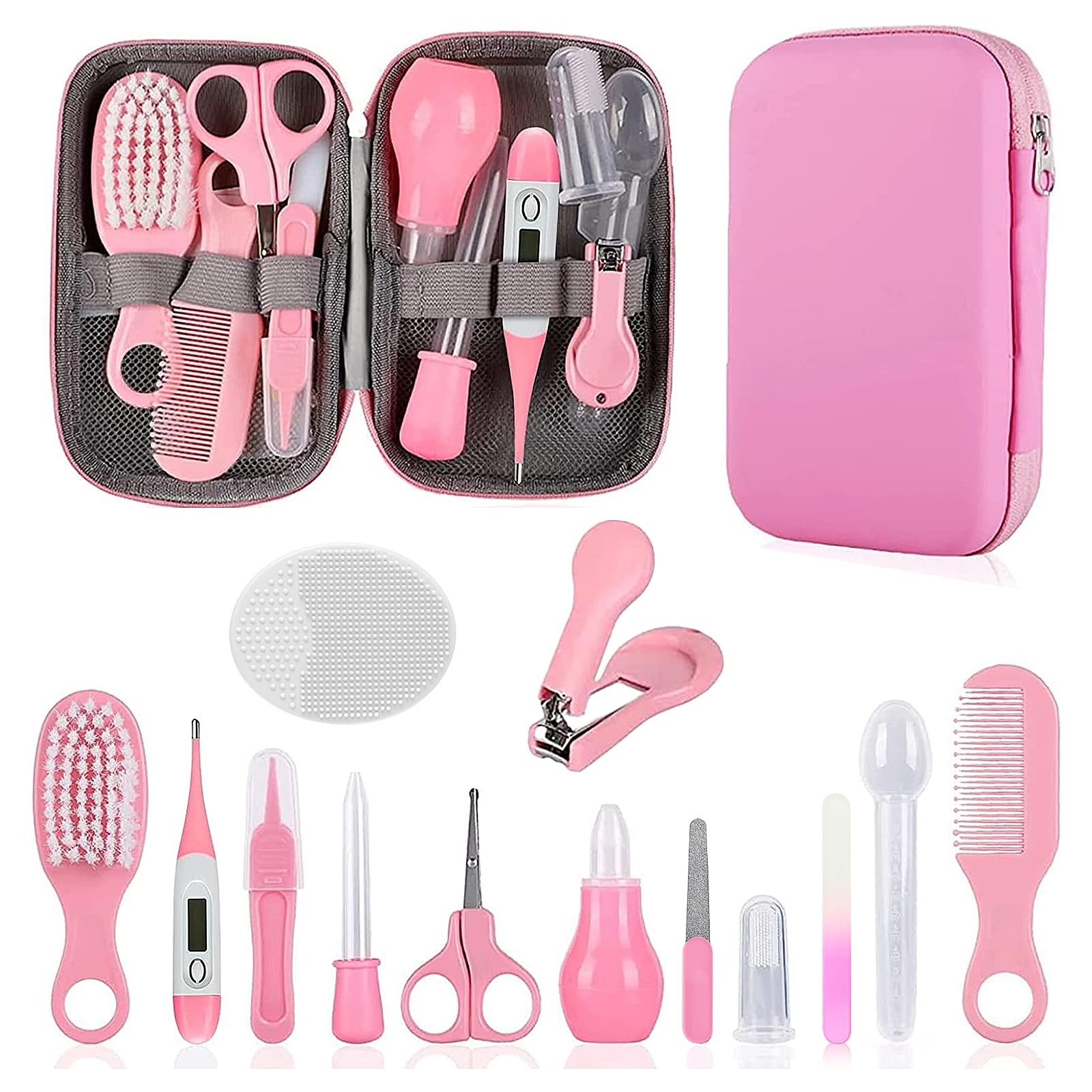 Baby Grooming Kit, Infant Safety Care Set with Hair Brush Comb Nail Clipper Nasal Aspirator,Baby Essentials Kit for Newborn Girls Boys (Pink Baby Grooming kit)