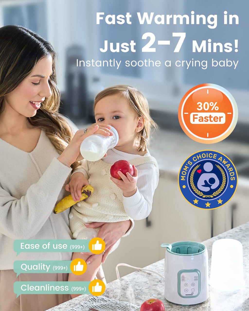 Bottle Warmer, Grownsy 8-in-1 Fast Baby Bottle Warmer with Timer, Safe for Breastmilk Nutrients, Accurate Temperature Control, with Defrost, Sterili-zing, Keep Warm, Heats Baby Food & Bottles