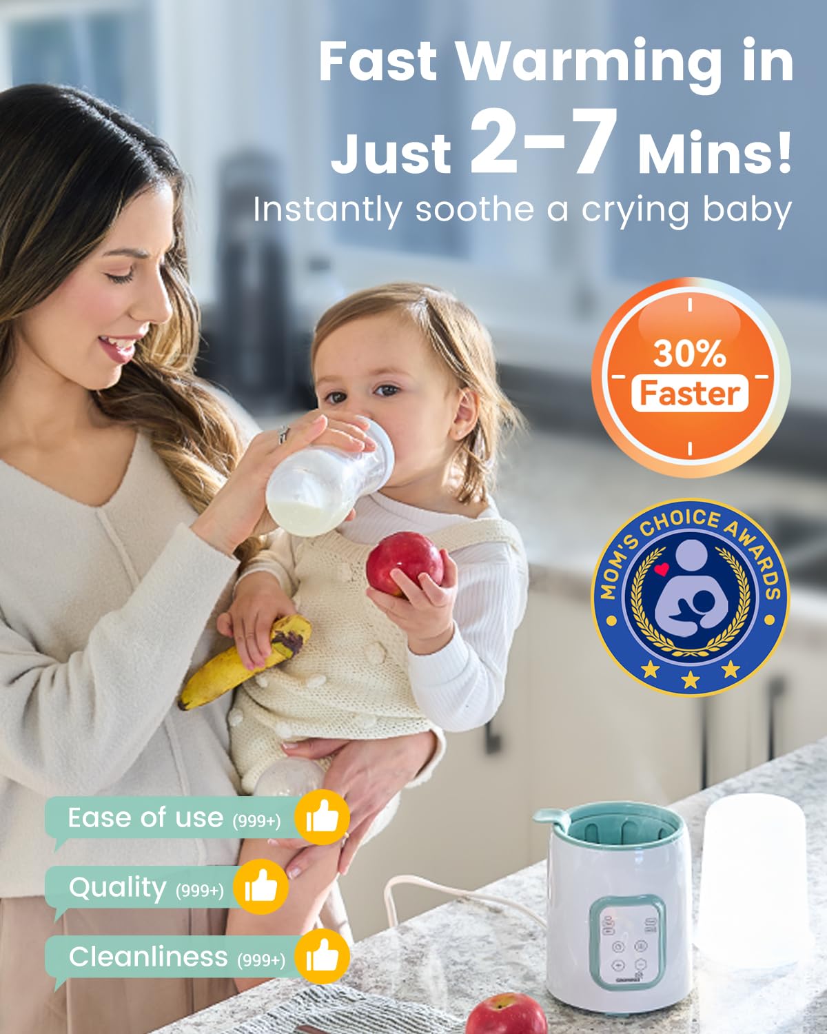 Bottle Warmer, Grownsy 8-in-1 Fast Baby Bottle Warmer with Timer, Safe for Breastmilk Nutrients, Accurate Temperature Control, with Defrost, Sterili-zing, Keep Warm, Heats Baby Food & Bottles