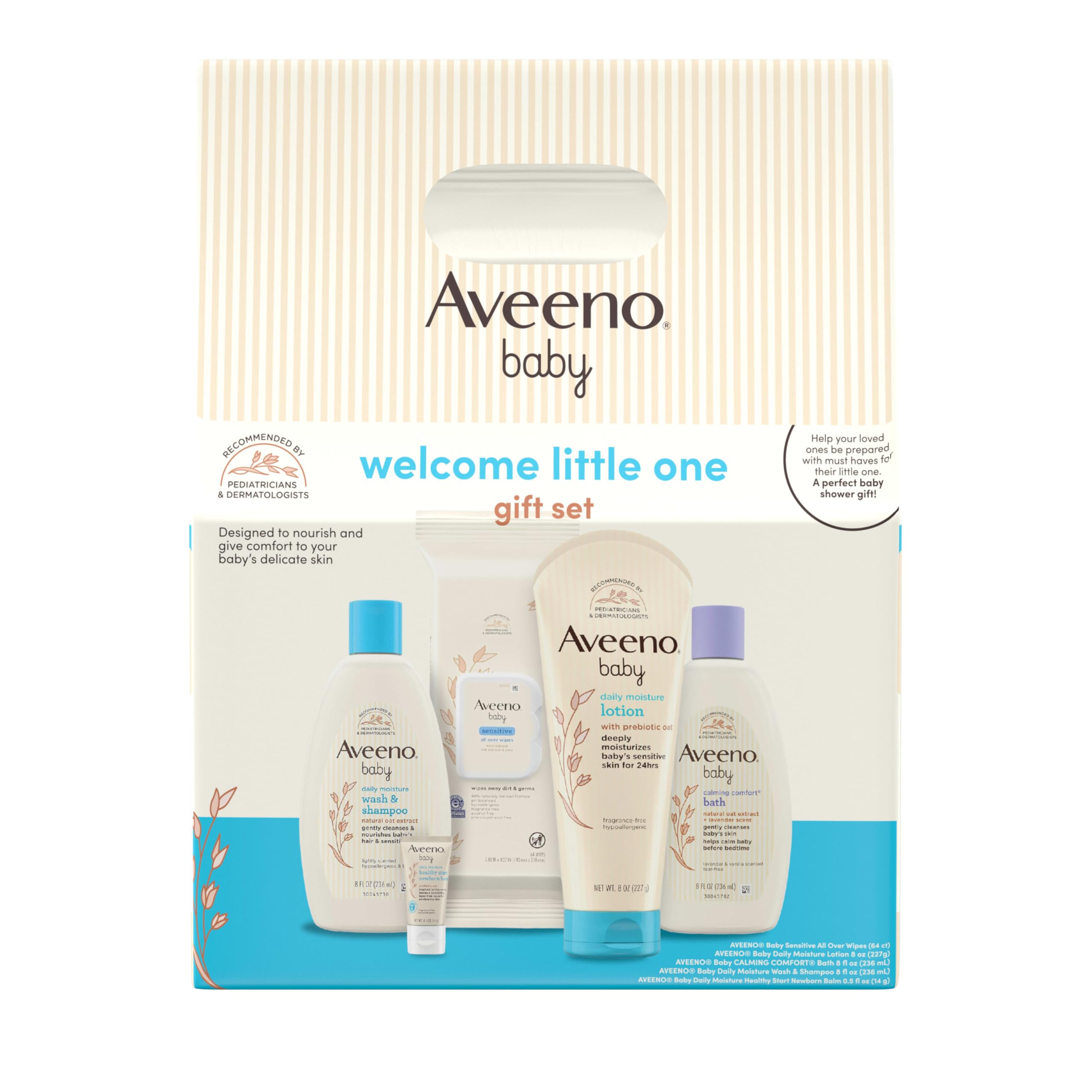 Aveeno Baby Welcome Little One Gift Set, Skincare Set with Nourishing Body Wash & Shampoo, Calming Bath Wash, All Over Wipes, Daily Moisturizing Lotion, & Balm, 5 Items