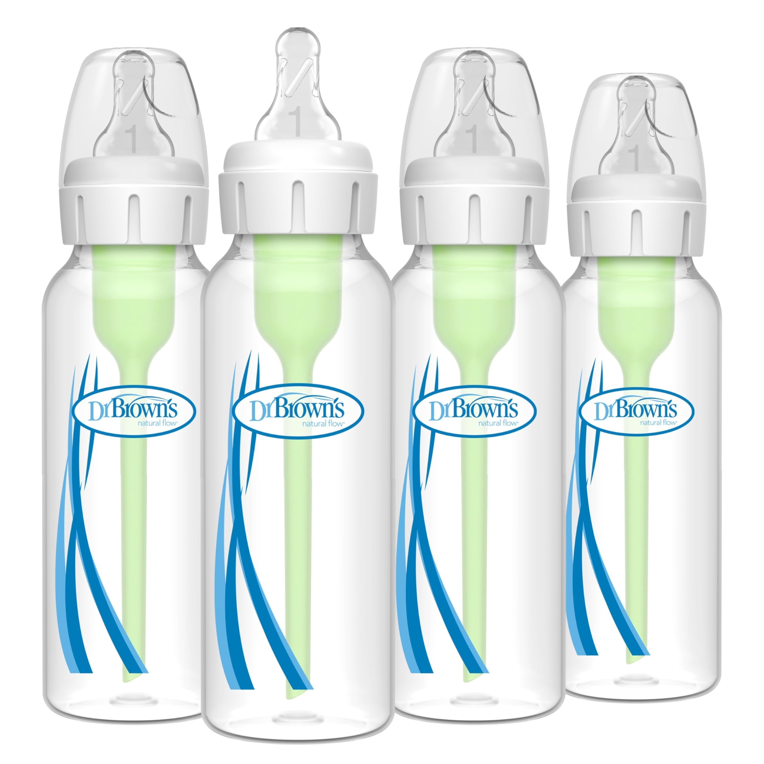 Dr. Brown's Natural Flow Anti-Colic Options+ Narrow Baby Bottle, 4 oz/120 mL, with Level 1 Slow Flow Nipple, 0m+, 4 Pack