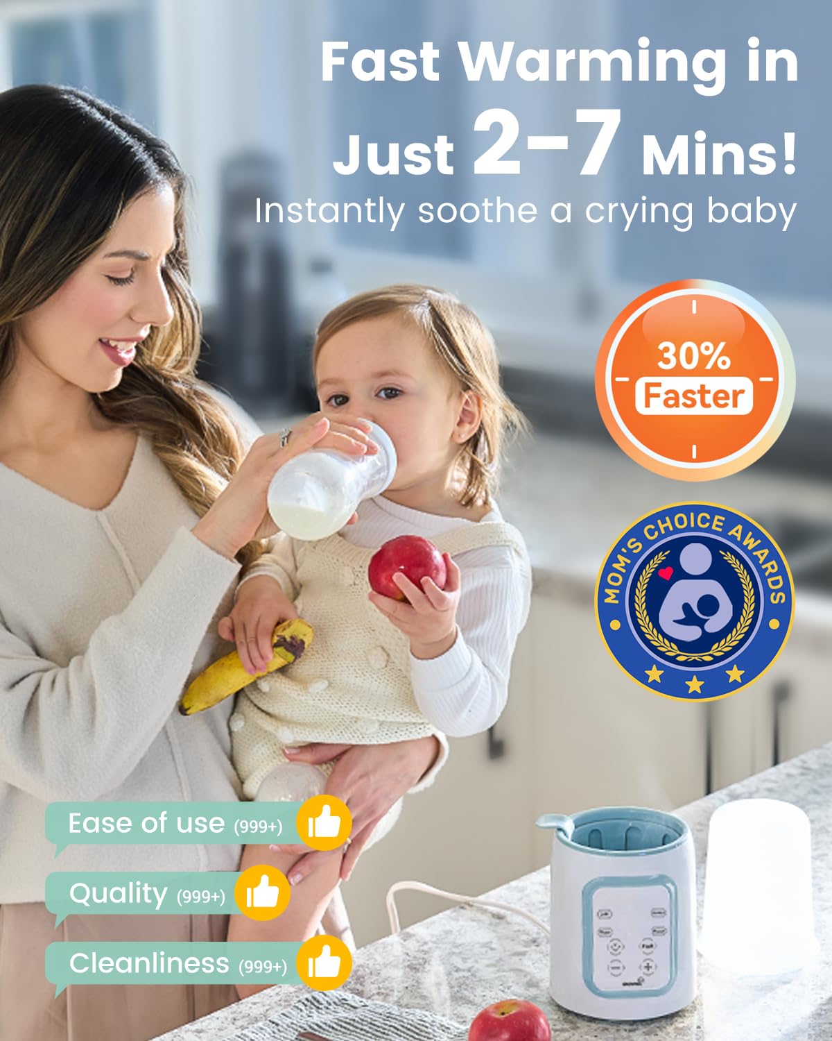 Bottle Warmer, Grownsy 8-in-1 Fast Baby Bottle Warmer with Timer, Safe for Breastmilk Nutrients, Accurate Temperature Control, with Defrost, Sterili-zing, Keep Warm, Heats Baby Food & Bottles