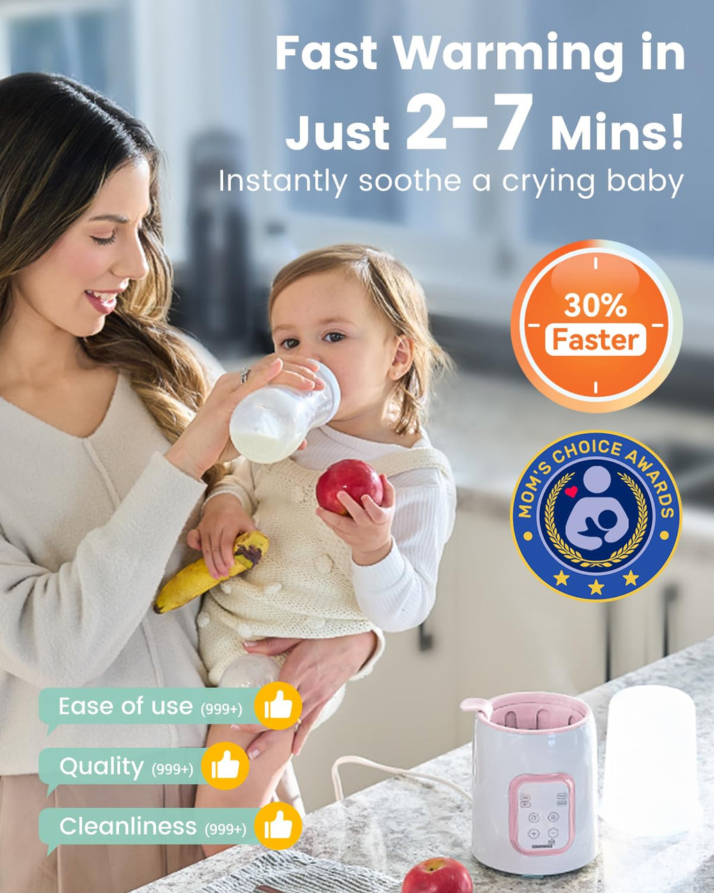 Bottle Warmer, Grownsy 8-in-1 Fast Baby Bottle Warmer with Timer, Safe for Breastmilk Nutrients, Accurate Temperature Control, with Defrost, Sterili-zing, Keep Warm, Heats Baby Food & Bottles