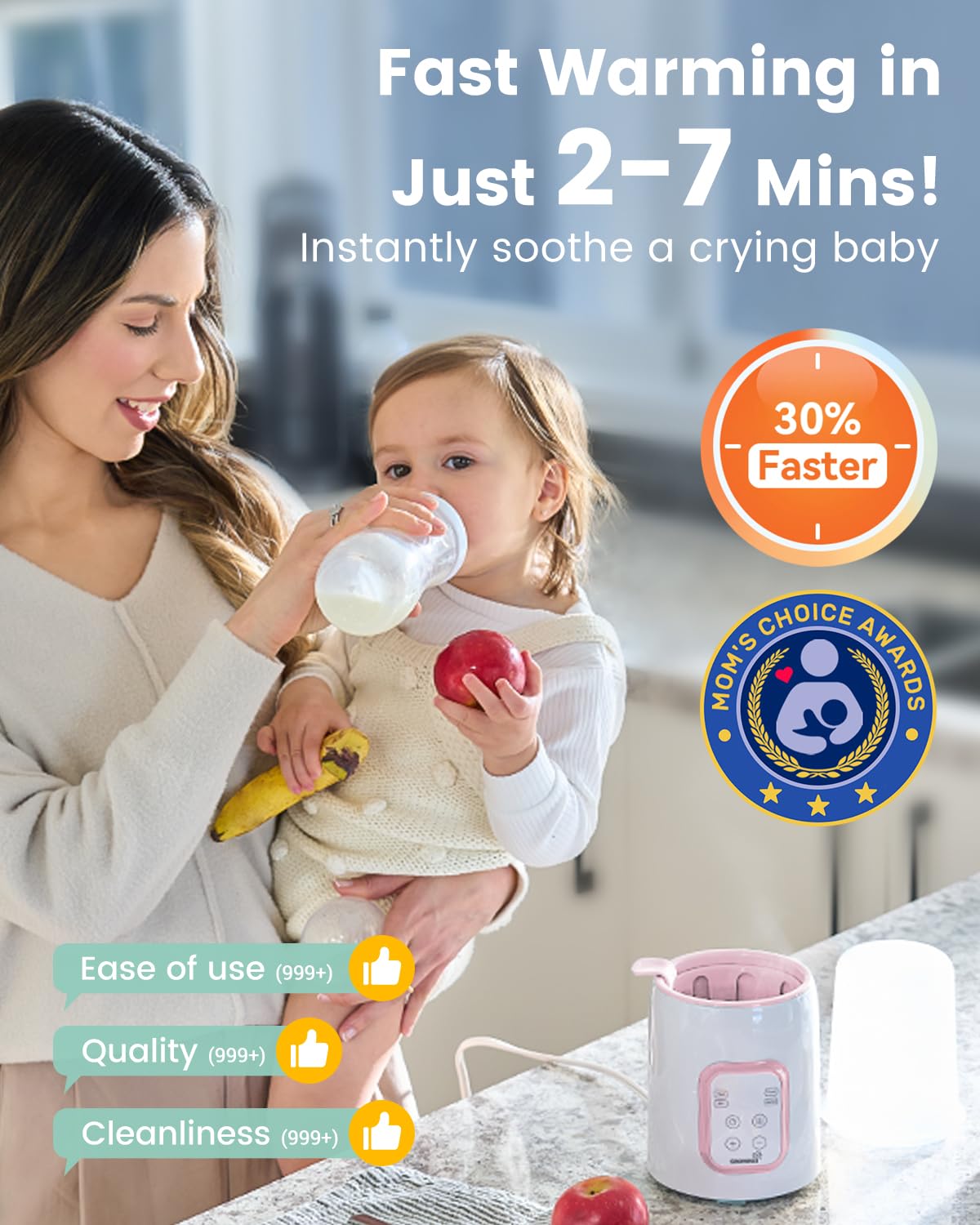 Bottle Warmer, Grownsy 8-in-1 Fast Baby Bottle Warmer with Timer, Safe for Breastmilk Nutrients, Accurate Temperature Control, with Defrost, Sterili-zing, Keep Warm, Heats Baby Food & Bottles