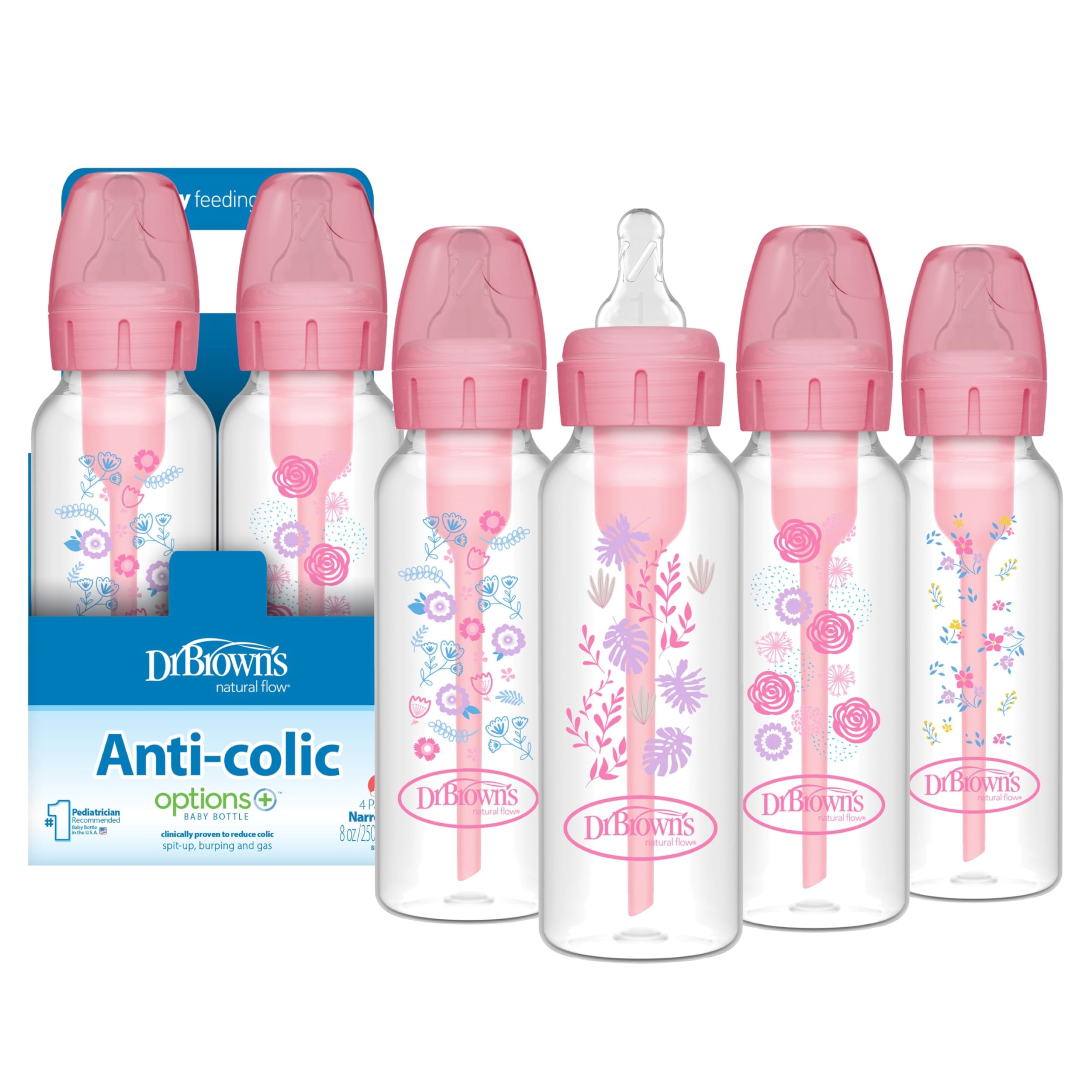 Dr. Brown's Natural Flow Anti-Colic Options+ Narrow Baby Bottle, 4 oz/120 mL, with Level 1 Slow Flow Nipple, 0m+, 4 Pack