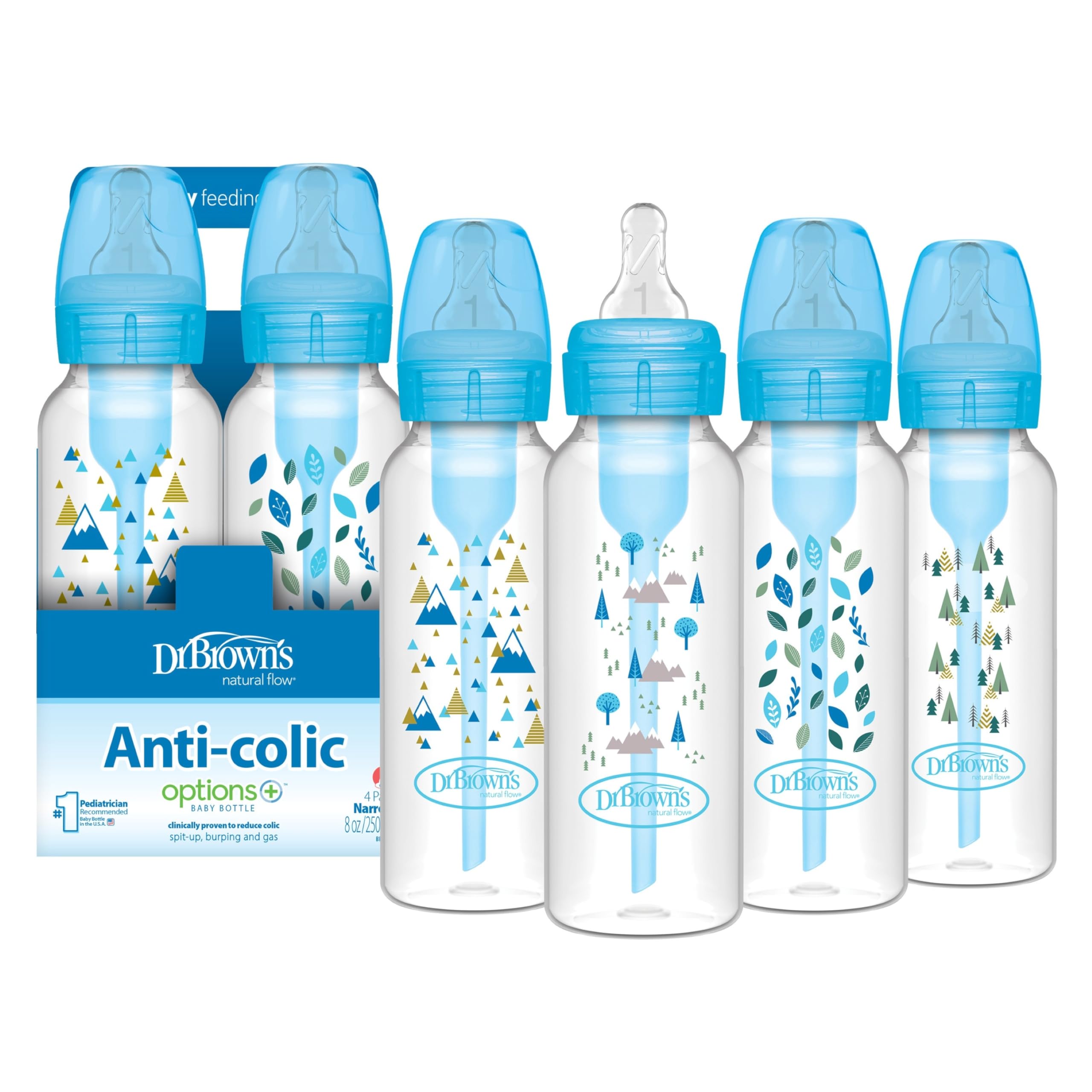 Dr. Brown's Natural Flow Anti-Colic Options+ Narrow Baby Bottle, 4 oz/120 mL, with Level 1 Slow Flow Nipple, 0m+, 4 Pack