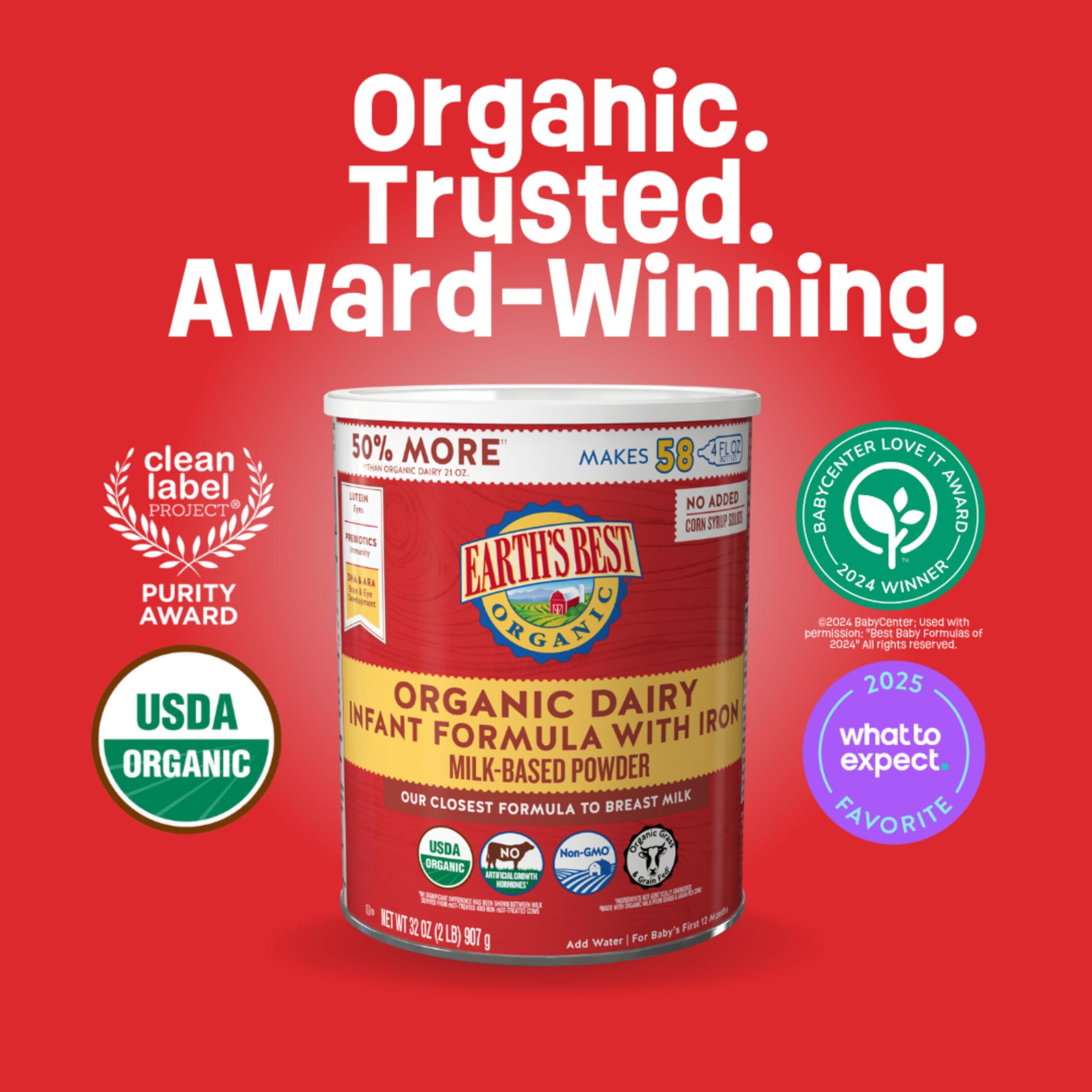 Earth's Best Organic Baby Formula for Babies 0-12 Months, Powdered Dairy Infant Formula with Iron, Omega-3 DHA, and Omega-6 ARA, 21 oz Formula Container