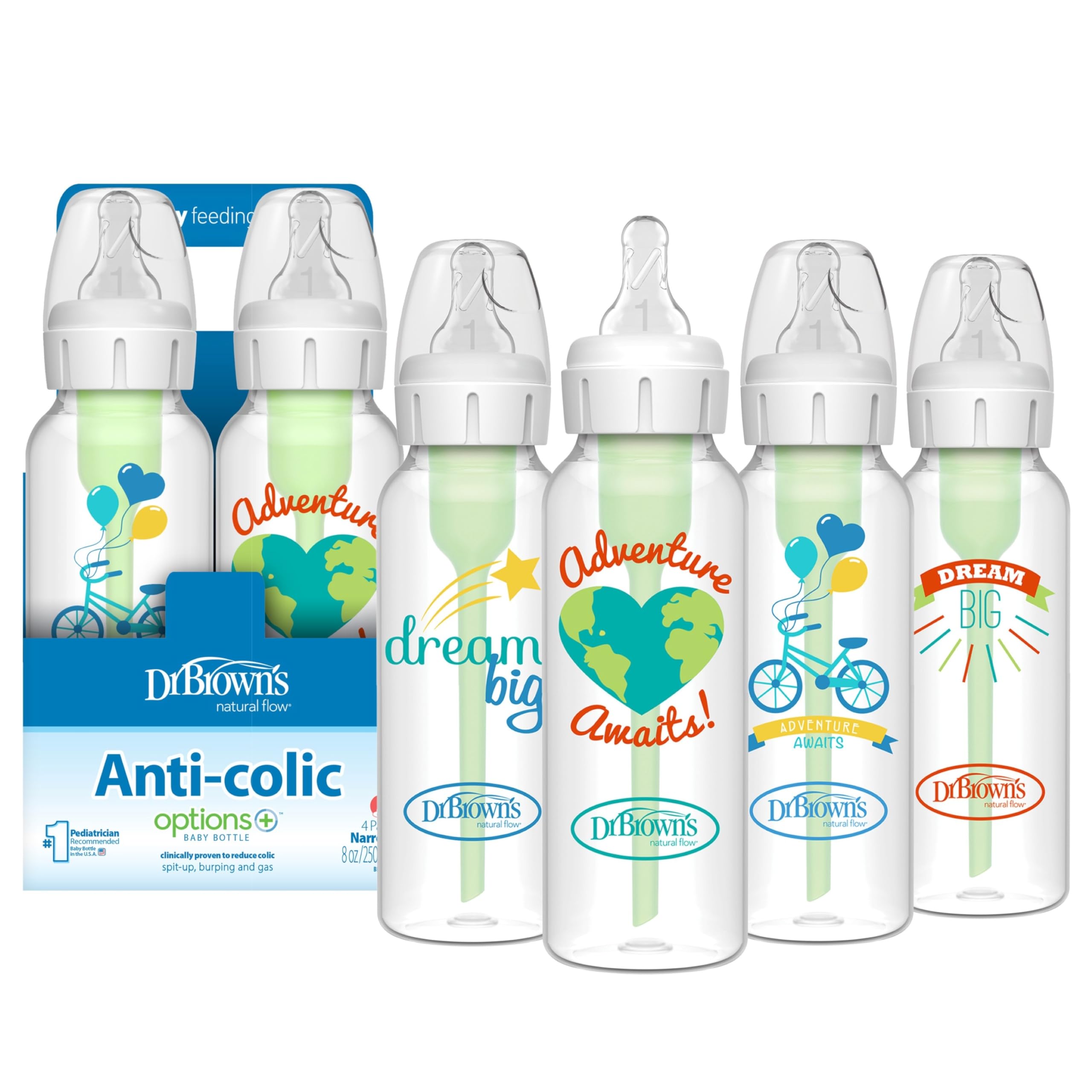 Dr. Brown's Natural Flow Anti-Colic Options+ Narrow Baby Bottle, 4 oz/120 mL, with Level 1 Slow Flow Nipple, 0m+, 4 Pack