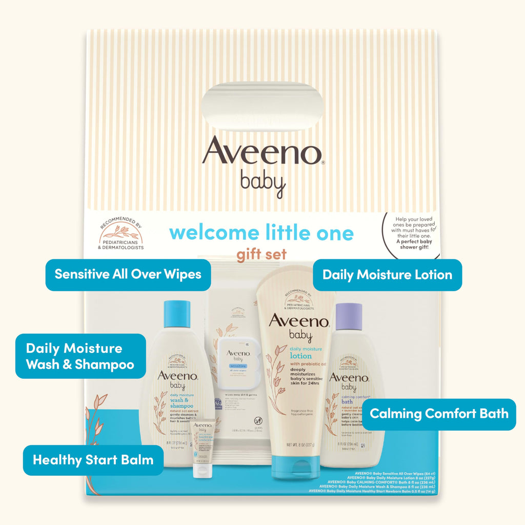 Aveeno Baby Welcome Little One Gift Set, Skincare Set with Nourishing Body Wash & Shampoo, Calming Bath Wash, All Over Wipes, Daily Moisturizing Lotion, & Balm, 5 Items